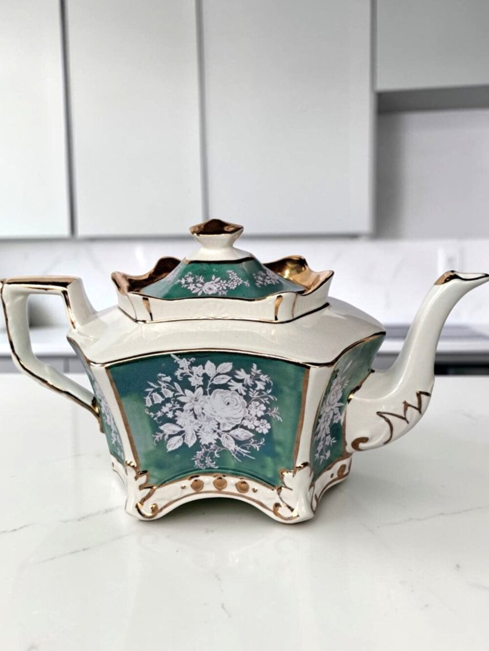 VTG Arthur Wood Teapot 5409 Monarch Green Hand Gilded in England, Some Crazing